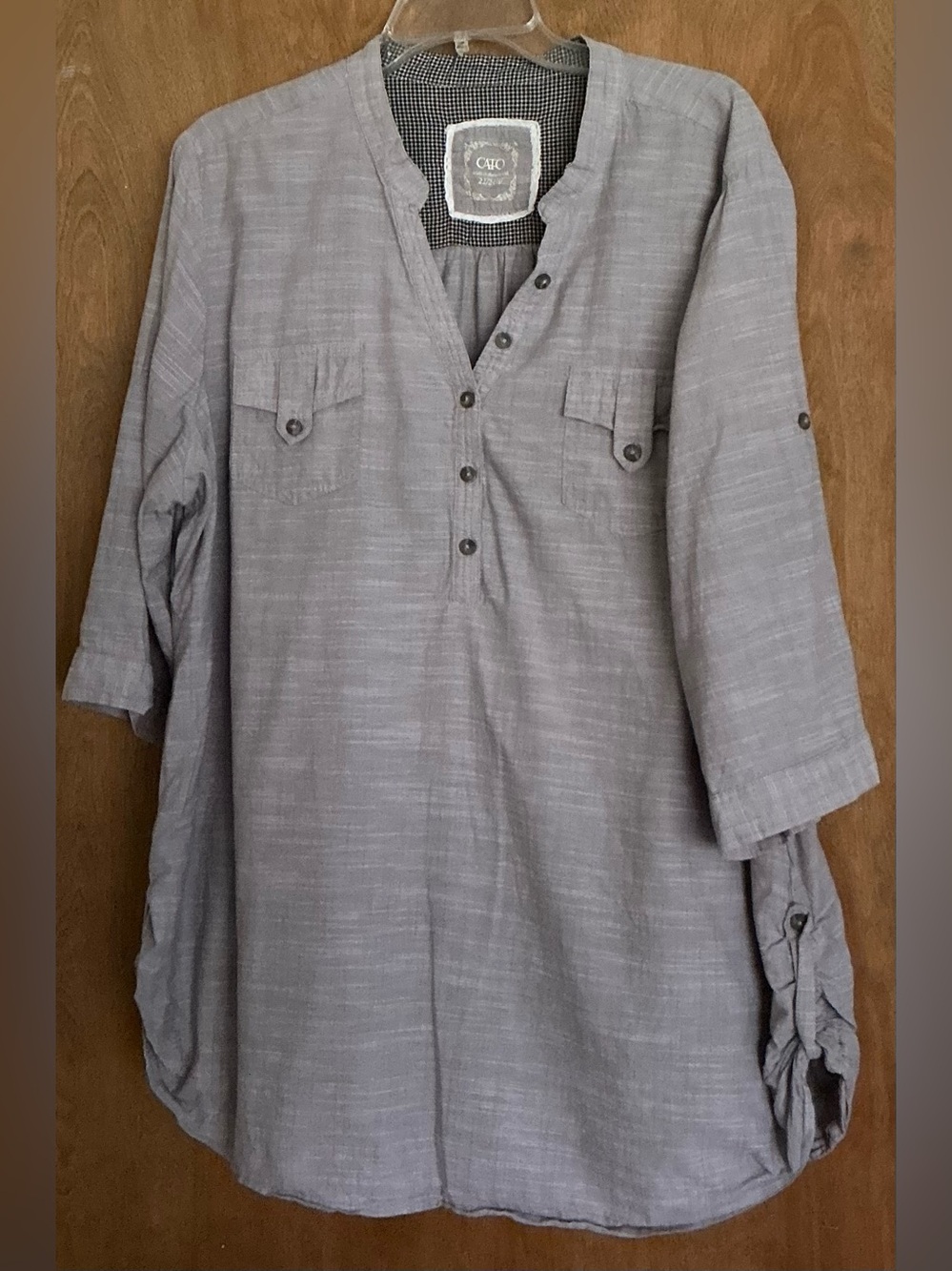 Cato Woman Gray Linen Blend Tunic Top 22/24W Button Front RollSleeve Blouse Boho